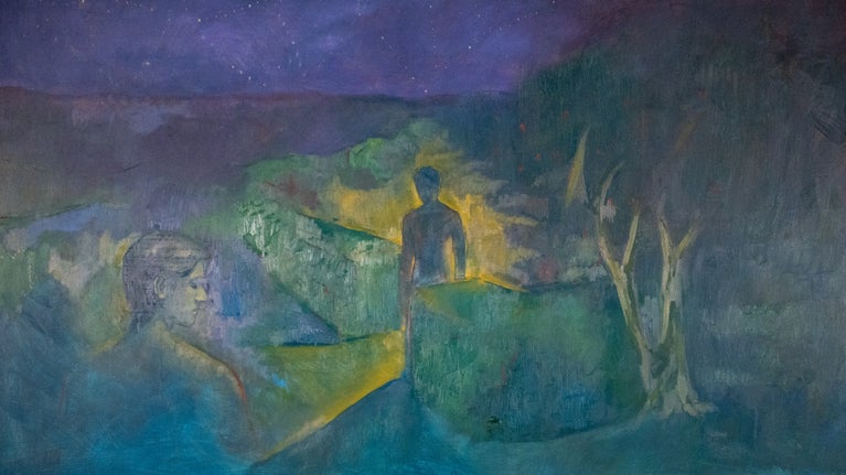 A painting of blue, green and turquoise hues. A figure stands in the middle of the artwork surrounded by a yellow glow. Another figure looks on